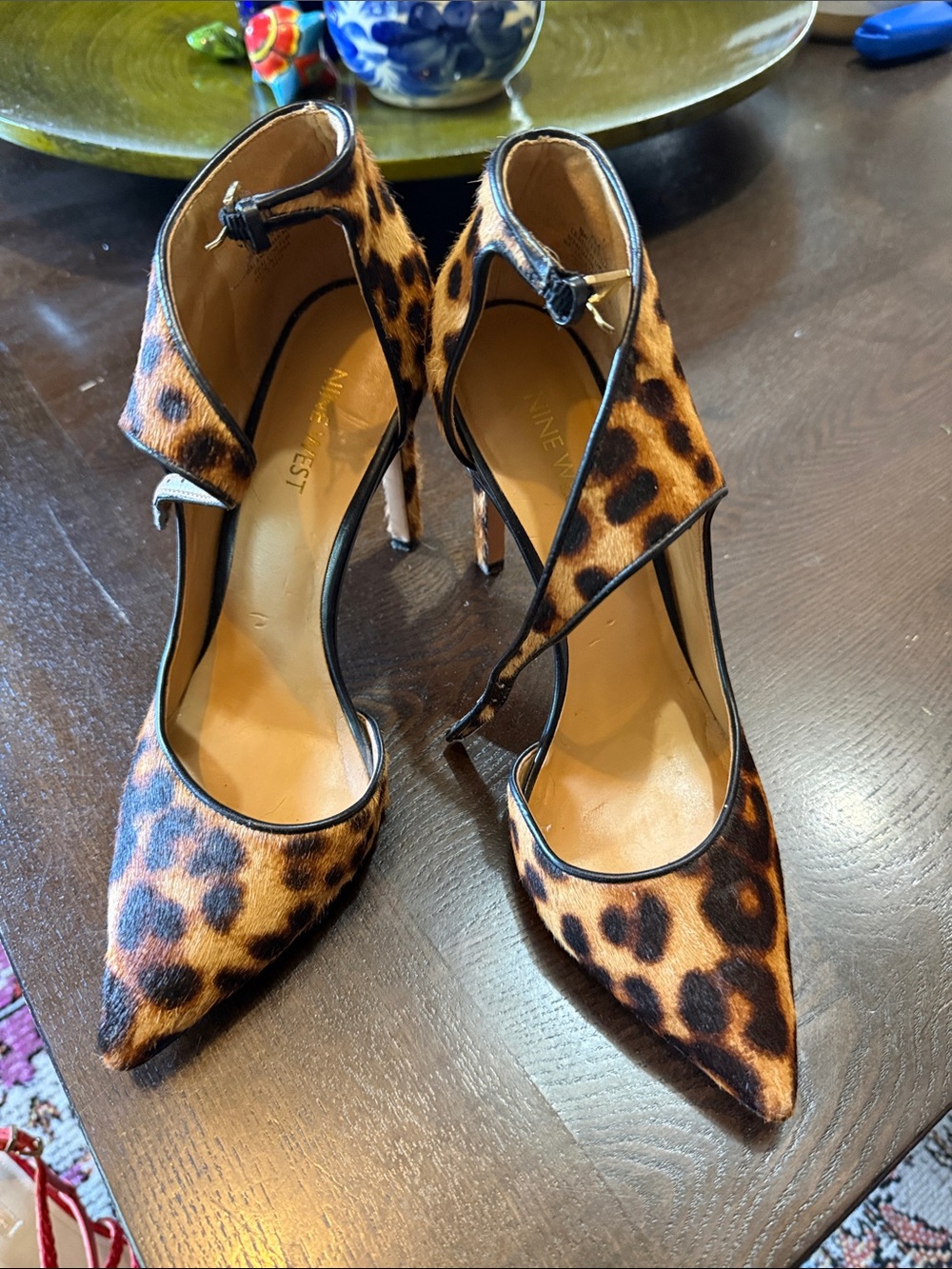 Nine West Leopard-Print Pointed-Toe Ankle-Strap Heels